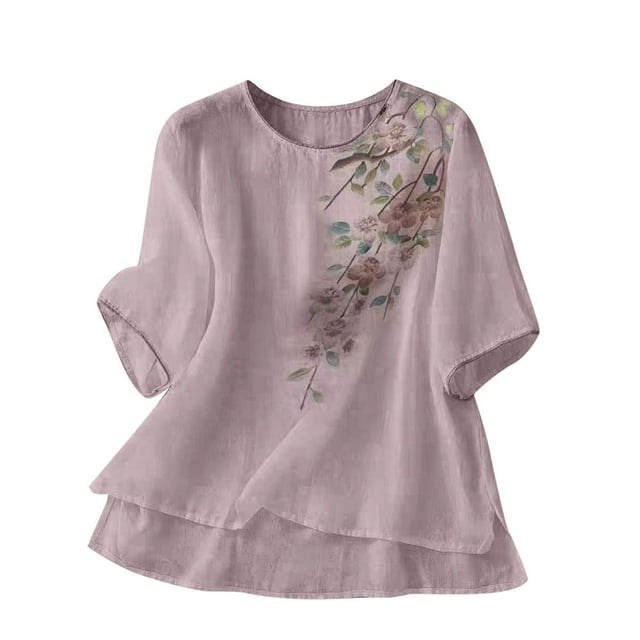 Primavera Tops para las Mujeres Algodón, Algodón Y Lino Impreso, Manga Corta Cuello Redondo Top / Camisa
