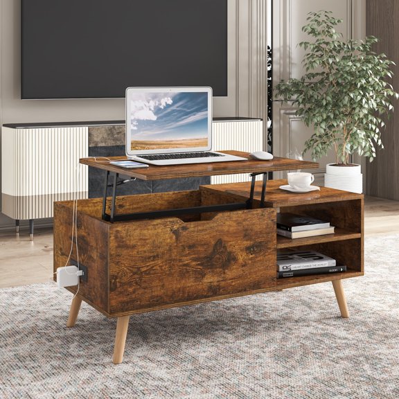 Hommpa 39 Inch Wood Lift Top Coffee Table with Charging Station & Hidden Compartment and Storage Shelf Lift Desktop Dining Table for Home Living Room Office
