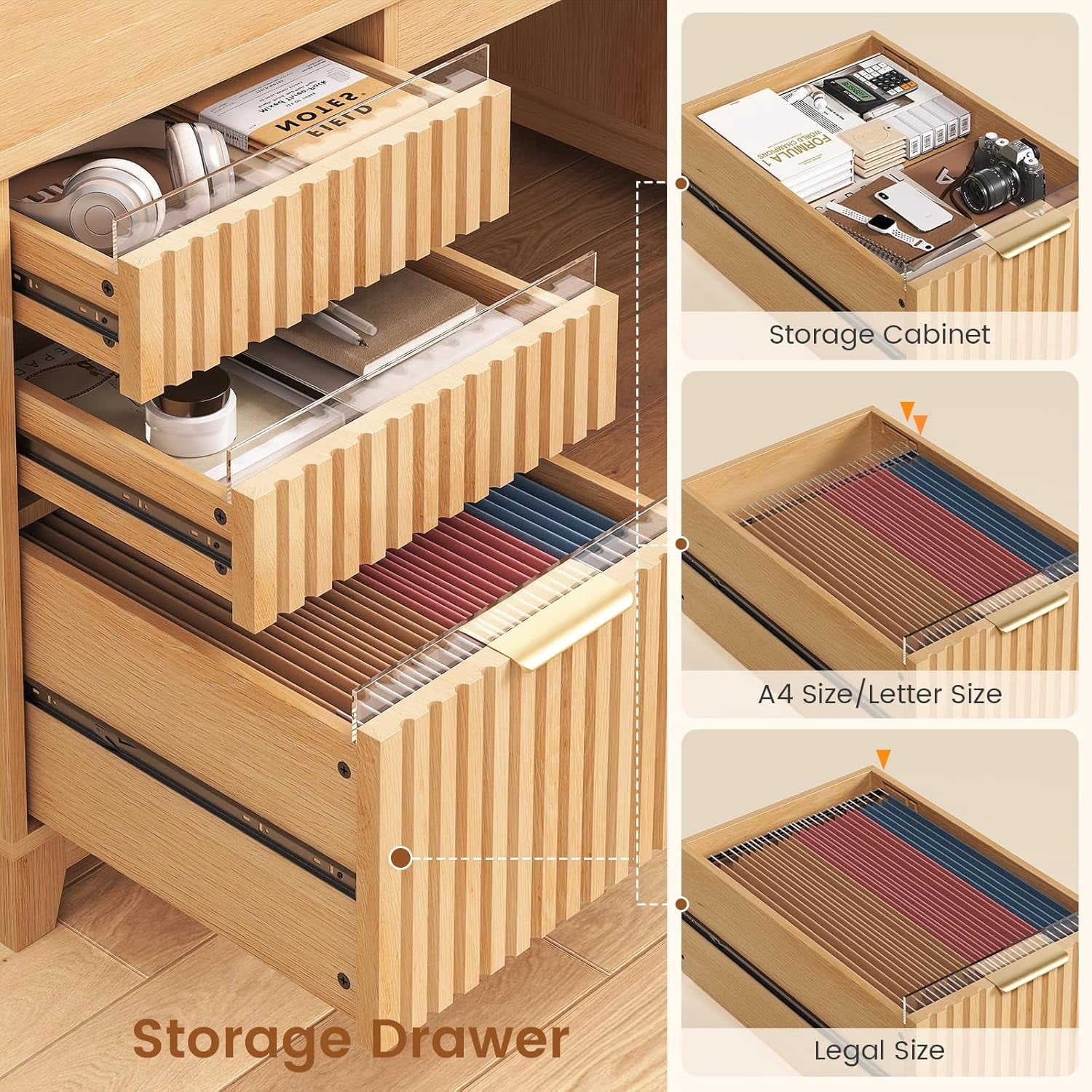 SEDETA 55 Inch Fluted Computer Desk with 6 Drawers, Modern Executive Desk with Acrylic File Drawers, Home Office Desk with Power outlets for Writing and Study, Vanity Desk for Bedroom, Natural Wood