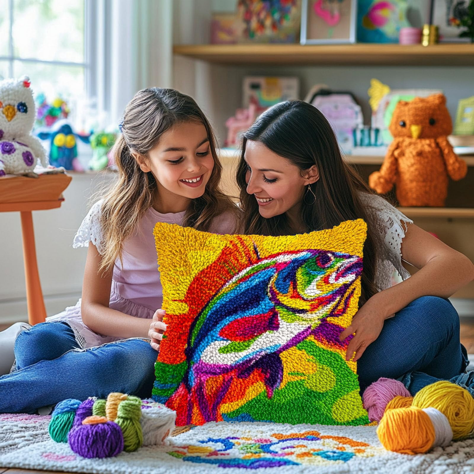 Fish Bass Jump DIY Latch Hook Pillow Kits for Adults Printed Pillowcase Crochet Yarns Hooking Handmade Pillow Cover Cushion for Home Sofa Decoration 17x17inch