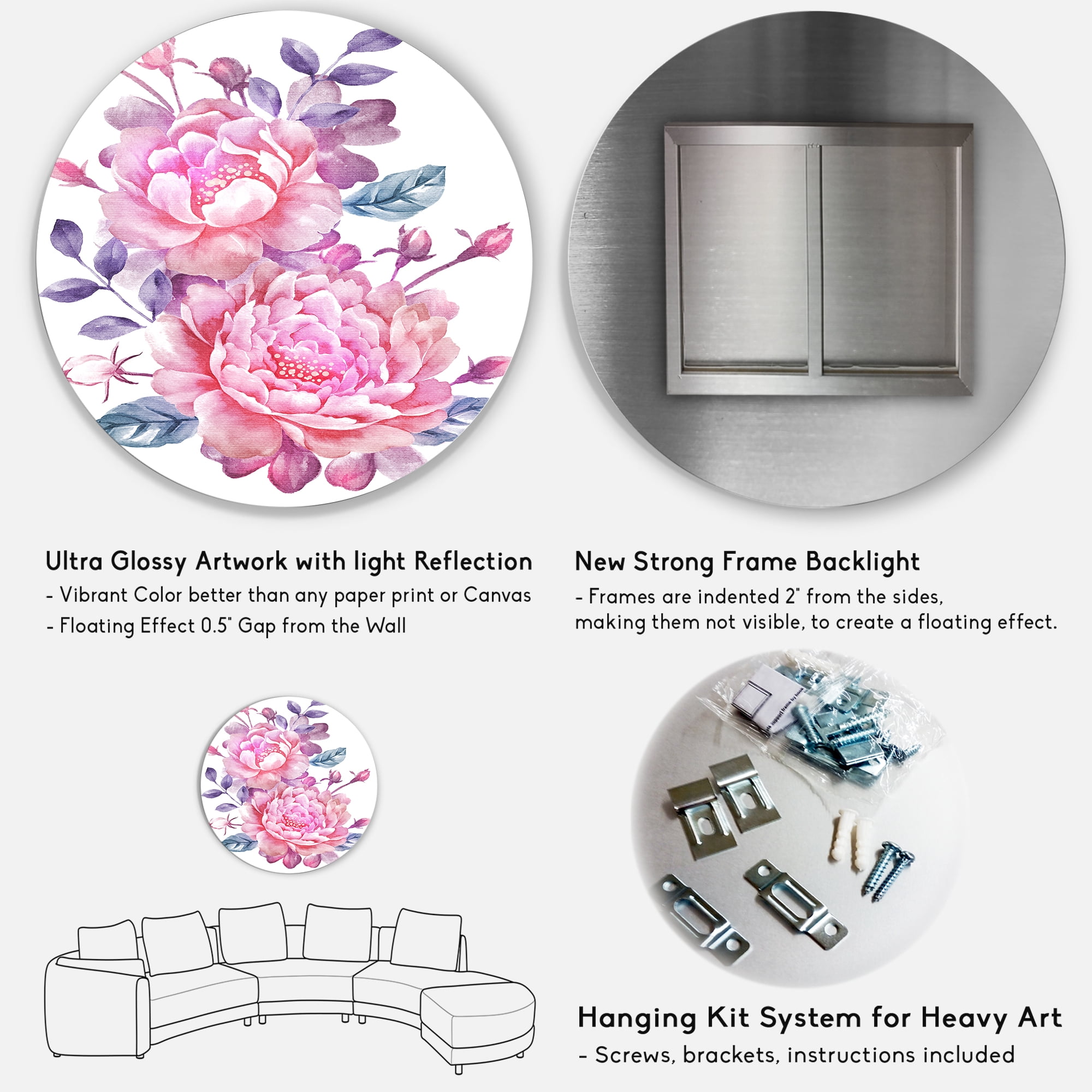 Designart 'Pink Retro Flowers With Blue Leaves On White' Traditional Circle Metal Wall Art 23x23 - Disc of 23