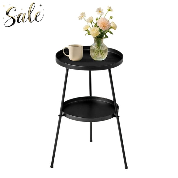 Tcbosik 2-Tier Round Side Table/Plant Stand, Small End Table with Double Trays & Adjustable Feet for Bedside Patio Balcony, 15"Dia x 20"H (Black)