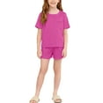 thumbnail image 5 of BRGZLK Girls Slik Homewear Unisex Solid Color Short Sleeve Round Neck Top Short Pants Home Clothing Two Pieces Set for Flora Party Hot Pink 11-12 Years, 5 of 5