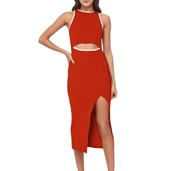Sngxgn Women's Cozy Knit Sleeveless Bateau Neck Midi Dress(Orange,XXL)