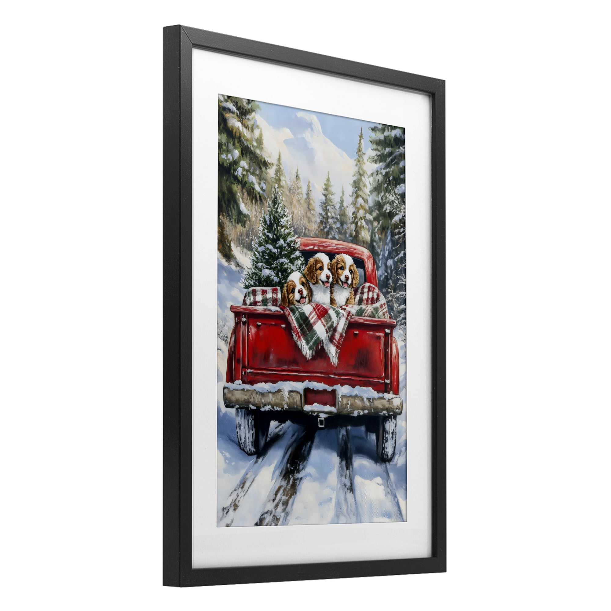 Christmas Truck Pups Trio Black Framed Print Under Glass, design by Petal Prints Design