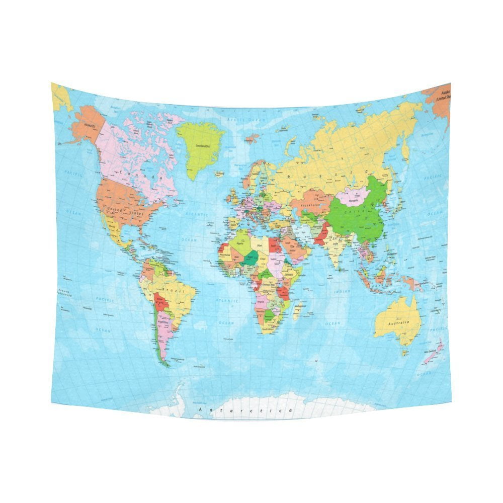 GCKG Detailed Political Global World Map Tapestry Horizontal Wall