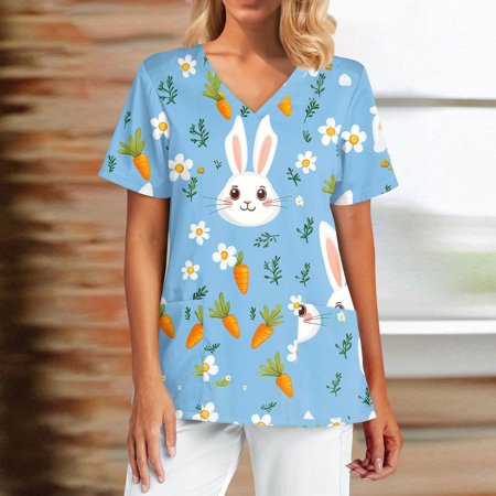 Printed Scrub Tops,Easter Scrub Tops Women Bunny Egg Hunt Print Medical Scrubs Top Stretchy V Neck Short Sleeve Nurse Uniforms,Blue,XXXXXL
