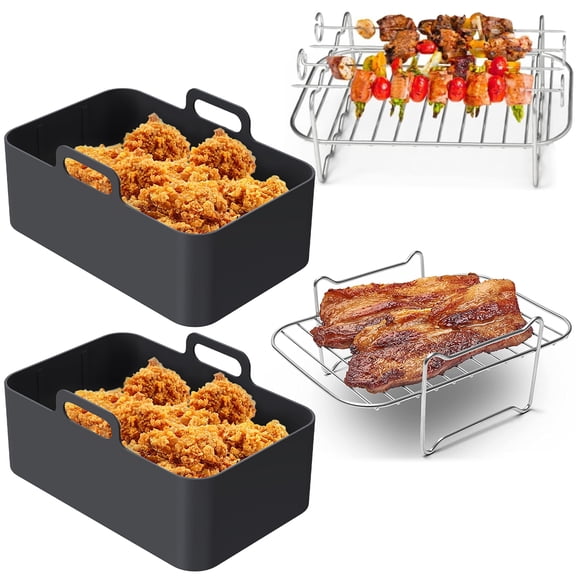 Evjurcn 8Pcs Air Fryer Accessories Set with 2 Air Fryer Silicone Pot and 1 Double Layer Rack with 4 Skewer 1 Steamed Rack Reusable Air Fryer Liner with Handle Stainless Steel Air Fryer Rack