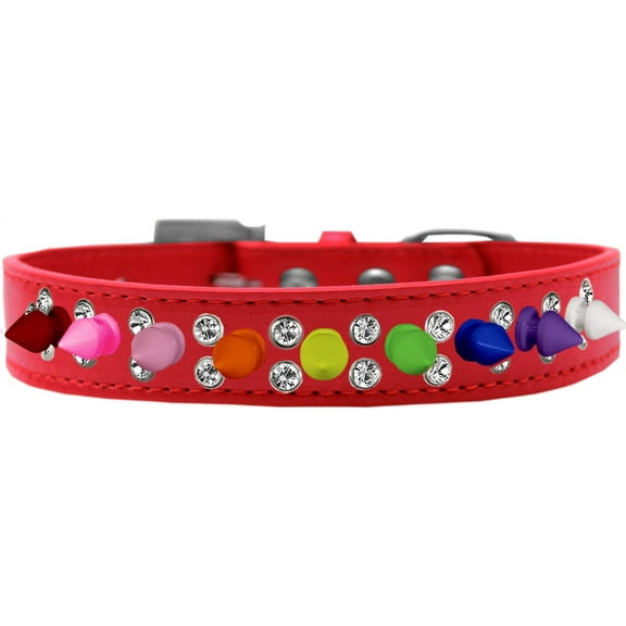 Double Crystal With Rainbow Spikes Dog Collar Size Size 12 Red