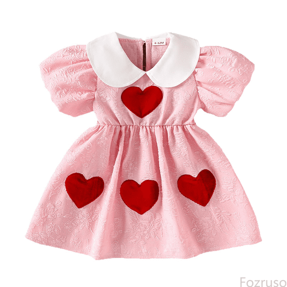 Fozruso Toddler Dress Toddler Short Sleeve Girls Heart Embroidery Dresses Party Dance Kids Dress Sizes 6-12 Months