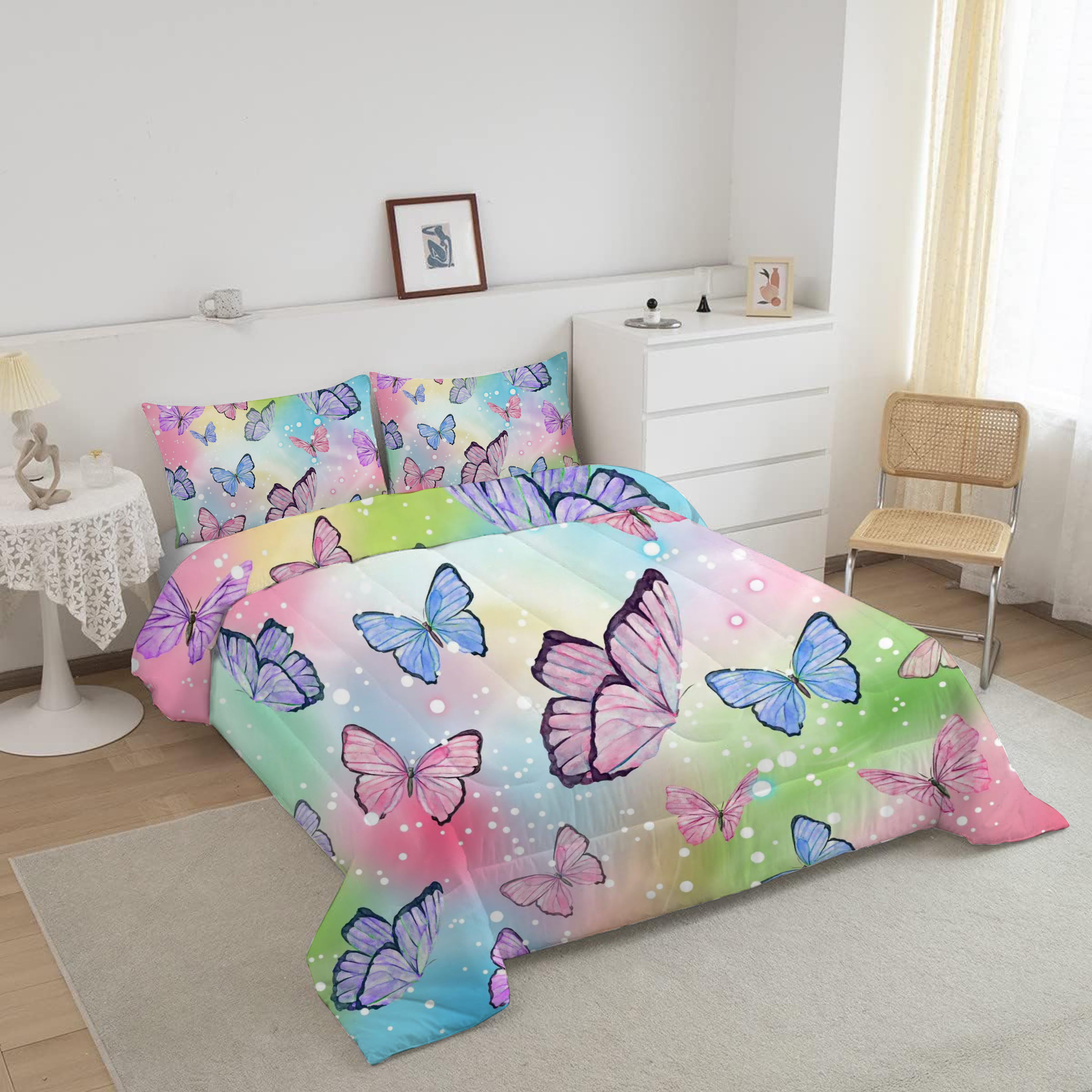 Psoiuetr Butterfly Comforter Set Rainbow Watercolor Printed Pattern Quilt Bedding Set for Girls Kids Teens Bedroom All Season Twin 3 Pieces