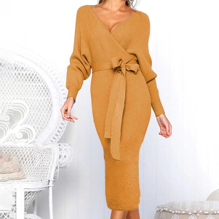 Women Sweater Midi Dress Autumn Winter Long Sleeve V Neck Solid Color Tie Waist Stylish Bodycon Midi Dresses Women Sweater Midi Dress Autumn Winter Long Sleeve V Neck Solid Color Tie Waist Stylish Bodycon Midi Dresses