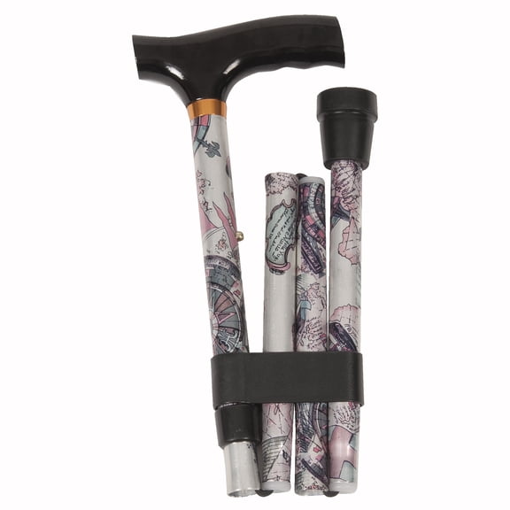 PCP Folding Cane, Fritz Handle Grip, Lightweight Adjustable Aluminum Shaft, Compass Rose Pattern,