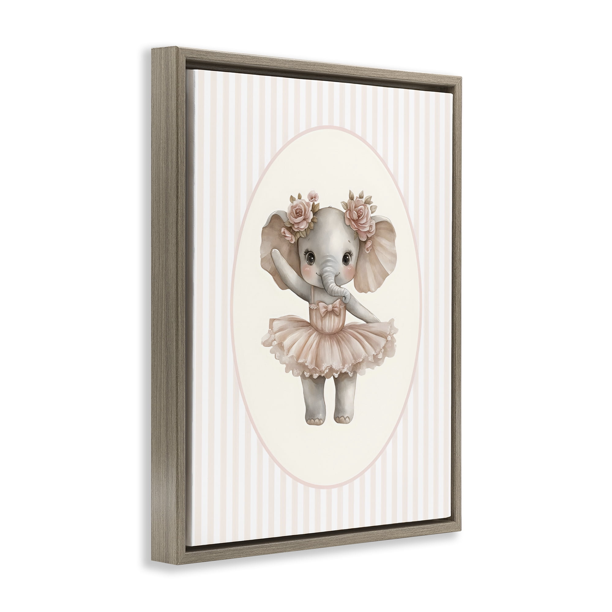 Stupell Industries Nursery Ballerina Elephant Striped Brown Framed Floater Canvas Wall Art, design by LSR Design Studio