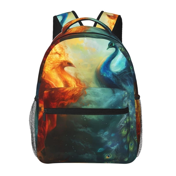 Balery Red And Blue Fire Peacock Mochila Escolar Impresa, Mochila Ligera para Viajes Casual, Mochila Duradera y Cómoda Multifuncional, Mochila para Laptop-One Size