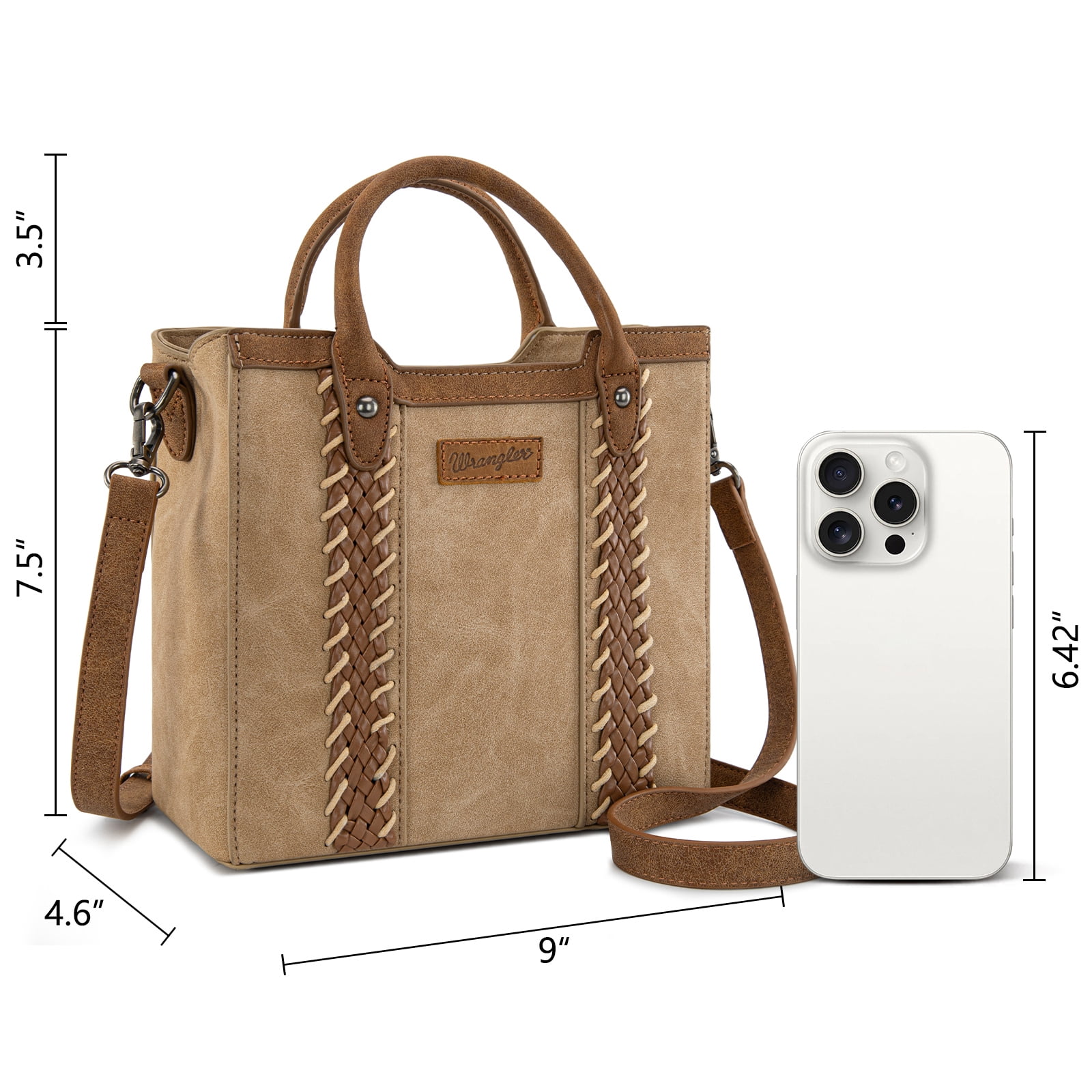 Wrangler Womens Braided Tote Bag Western Style Suede Top Handle Handbag With Detachable Crossbody Strap, Tan