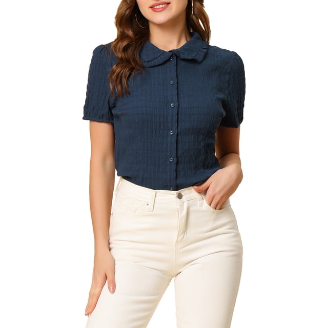 INSPIRE CHIC Chemise Douce pour Femme Vintage à Col Poupée Mignon Boutonnée m Bleu Foncé