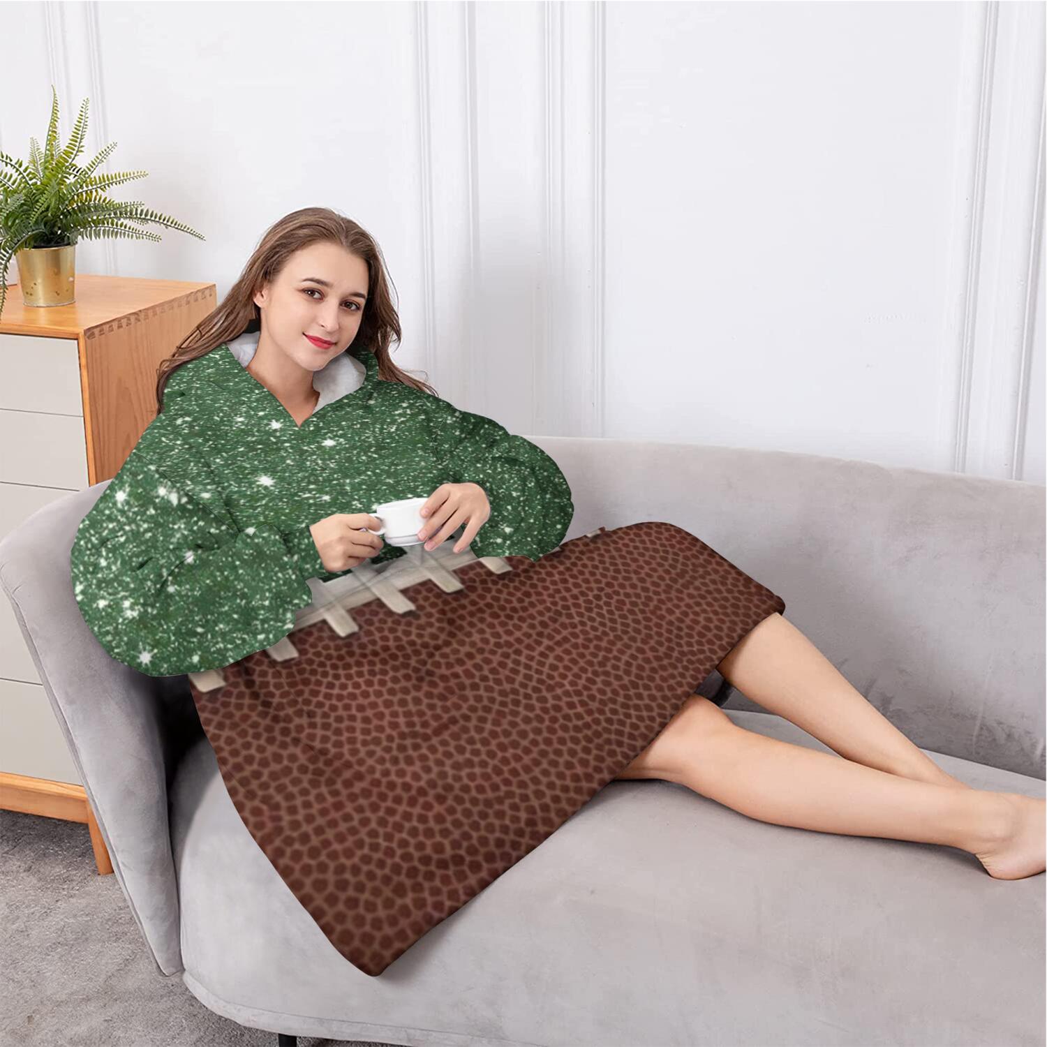 Oversized Wearable Blanket Hoodie,Green and Brown Football Stitch Pattern Sherpa Blanket Hoodie with Super Pockets,Super Warm Fuzzy Pullover for Women & Men