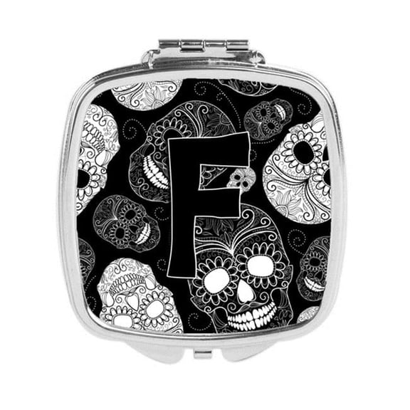 Letter F Day of the Dead Skulls Black Compact Mirror