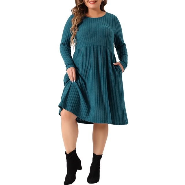 Unique Bargains Robe Grande Taille pour Femmes Élégante Côtelée Manches Longues avec Poche Bleu Paon 1X