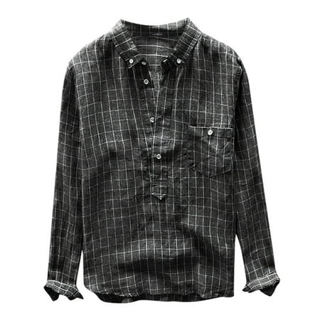 INCERUN Men's Long Sleeve Plaid Check Casual Button Neck Pullover Shirt ...