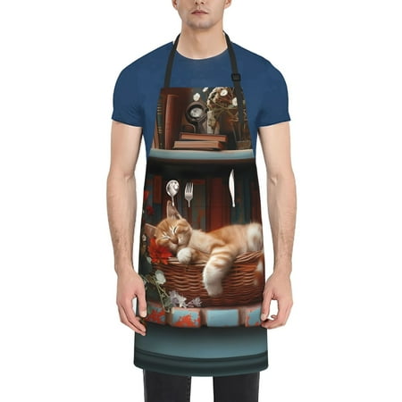 

Qekee Cat Asleep Among Flowers Print Waterproof Apron with Pockets Adjustable Cooking Aprons Kitchen Bib for Baking Household Cleaning