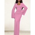thumbnail image 4 of Wedding Guest Dress for Women Long Sleeve Bodycon Ribbed Knit Maxi Dress Fall Formal Dresses Pink S, 4 of 7