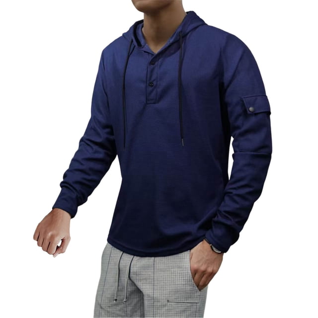 Dolkfu Sudadera con capucha para hombre, sudadera de waffle de color sólido, parte superior de manga larga con botones en la parte delantera XXL