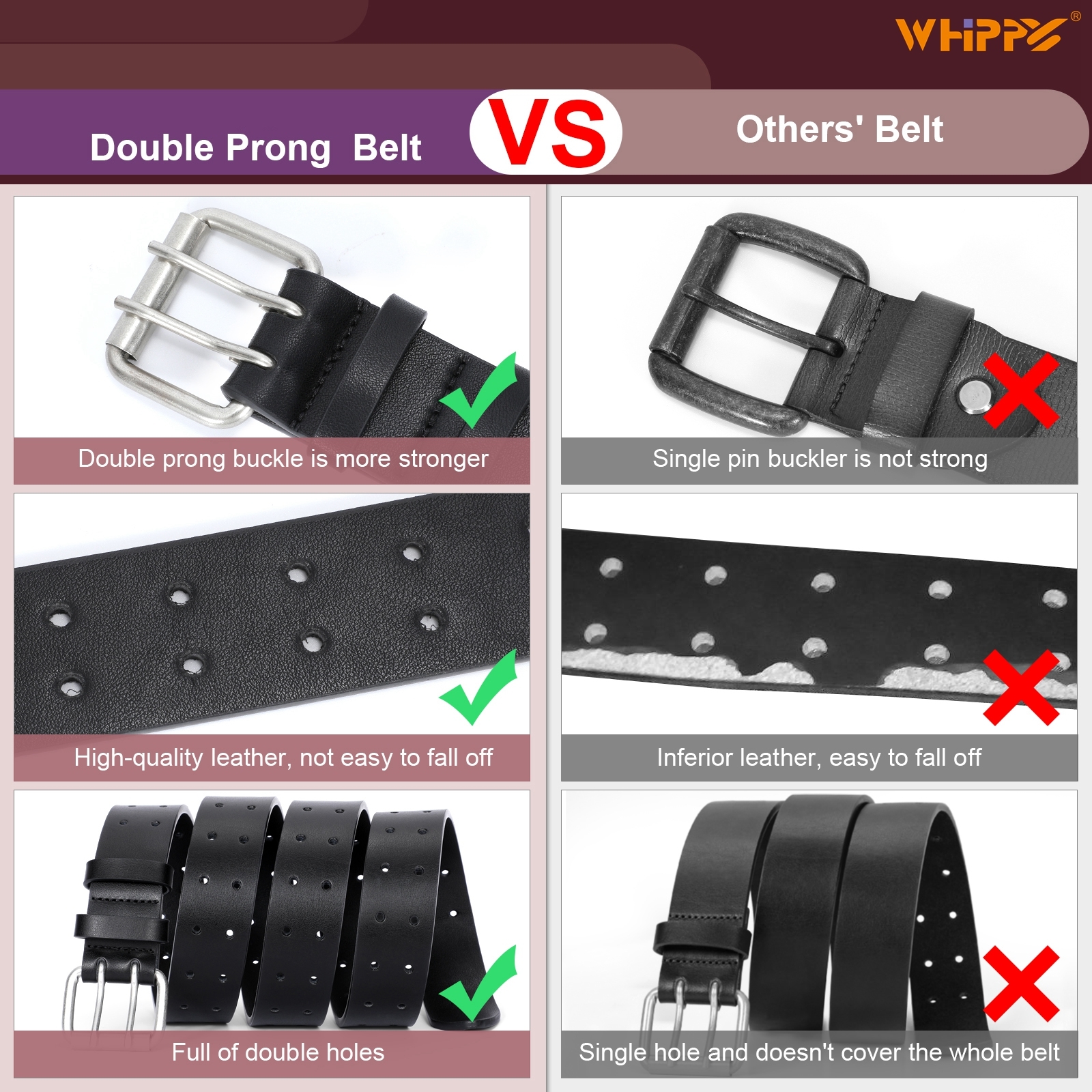 Whippy Men's Leather Double Prong Belt photo 4
