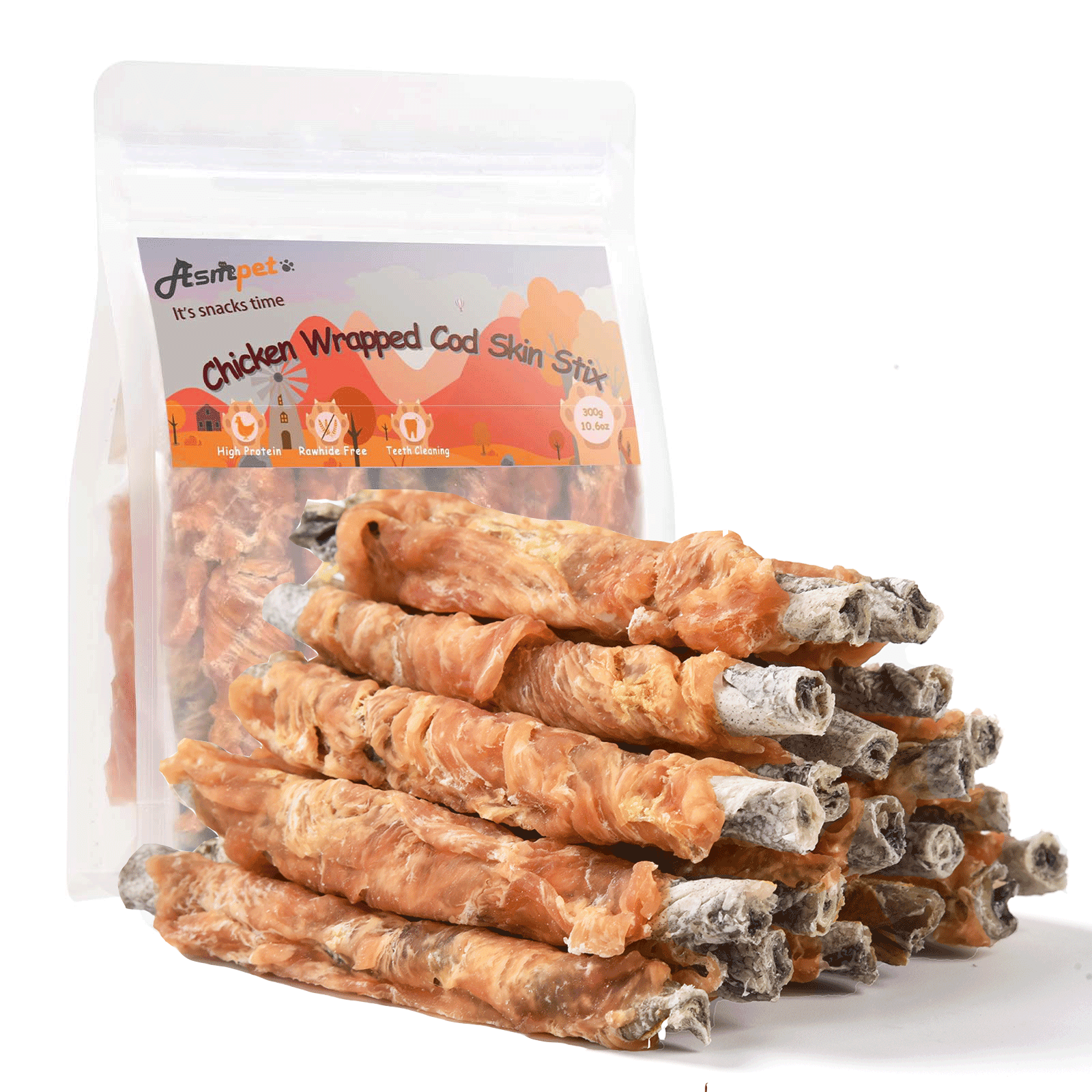 (2 pack) ASMPET Chicken Wrapped Cod Skin Dog Treats Natural Chew for Small Medium Large Dogs, 10.6oz Pouch