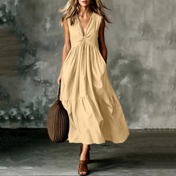 QUNYINEY Sleeveless Womens Plus Size Dresses Cotton Long A Line Sundress V-Neck Solid Flowy Loose Fit with Pockets Dresses