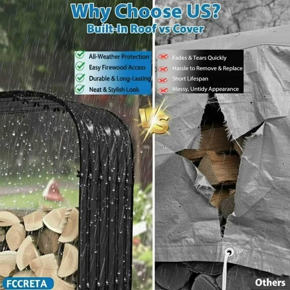 27in Firewood Rack Indoor Outdoor with Cover Roof, Heavy Duty Fireplace Log Holder, Galvanized Steel Metal Fire Wood Racks for Porch, Deck, Backyard Firewood Storage