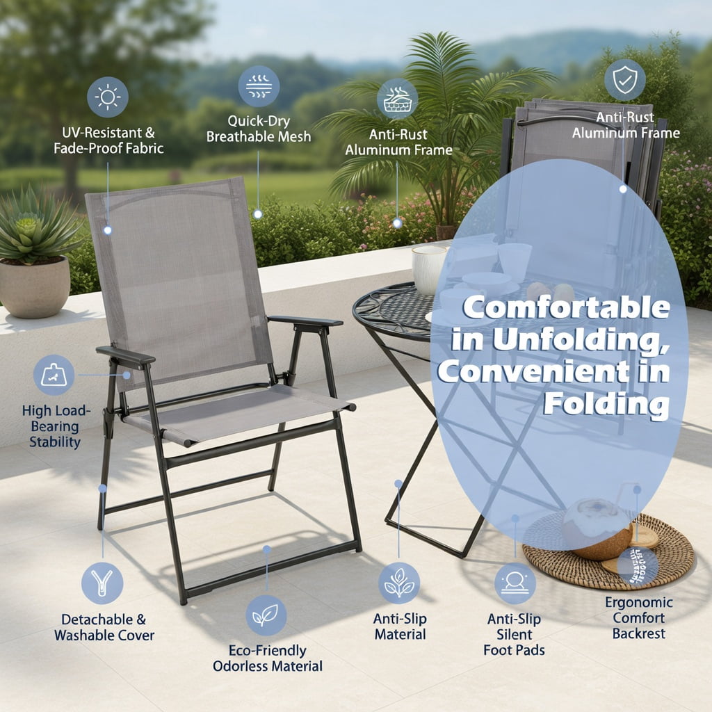 Hommoo 2-Pack Foldable Patio Chairs with Armrests, Heavy-Duty Metal Outdoor Chairs for Deck, Garden, Backyard & Camping, Gray