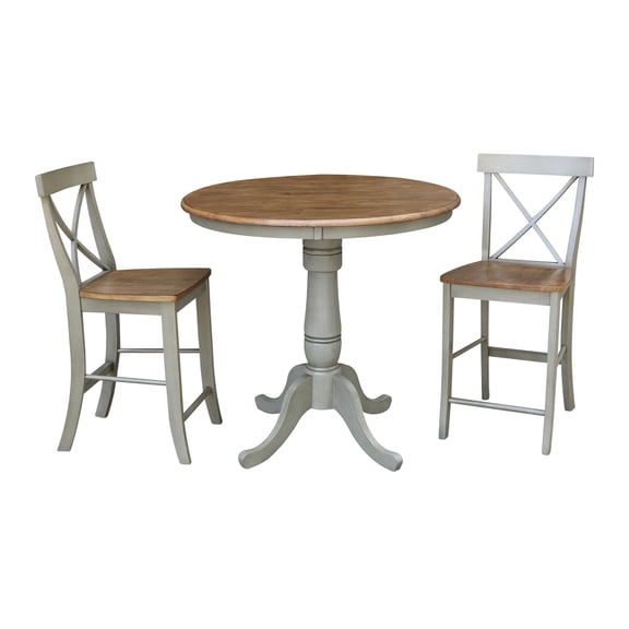 36" Solid Wood Round Pedestal Table in Distressed Oak  with 2 X-Back Stools
