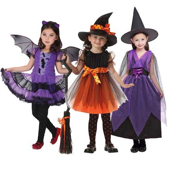 Witch Costume Set for Girls, Halloween Fancy-Dress with Broom Hat for Toddler Kids Halloween Party Dress up 3-14 Years