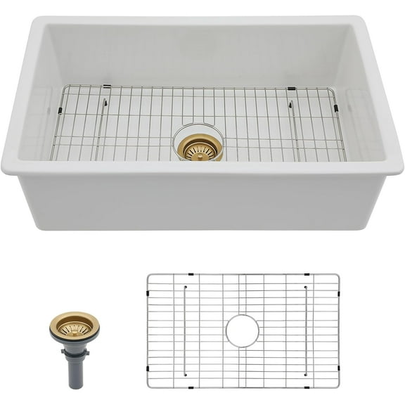 32 Inch White Undermount Kitchen Sink-Belsend Fireclay Porcelain Dual Mount Ceramic Single Bowl Deep Sinks Under Counter Glossy Kitchen Basin 32”x19”x10”