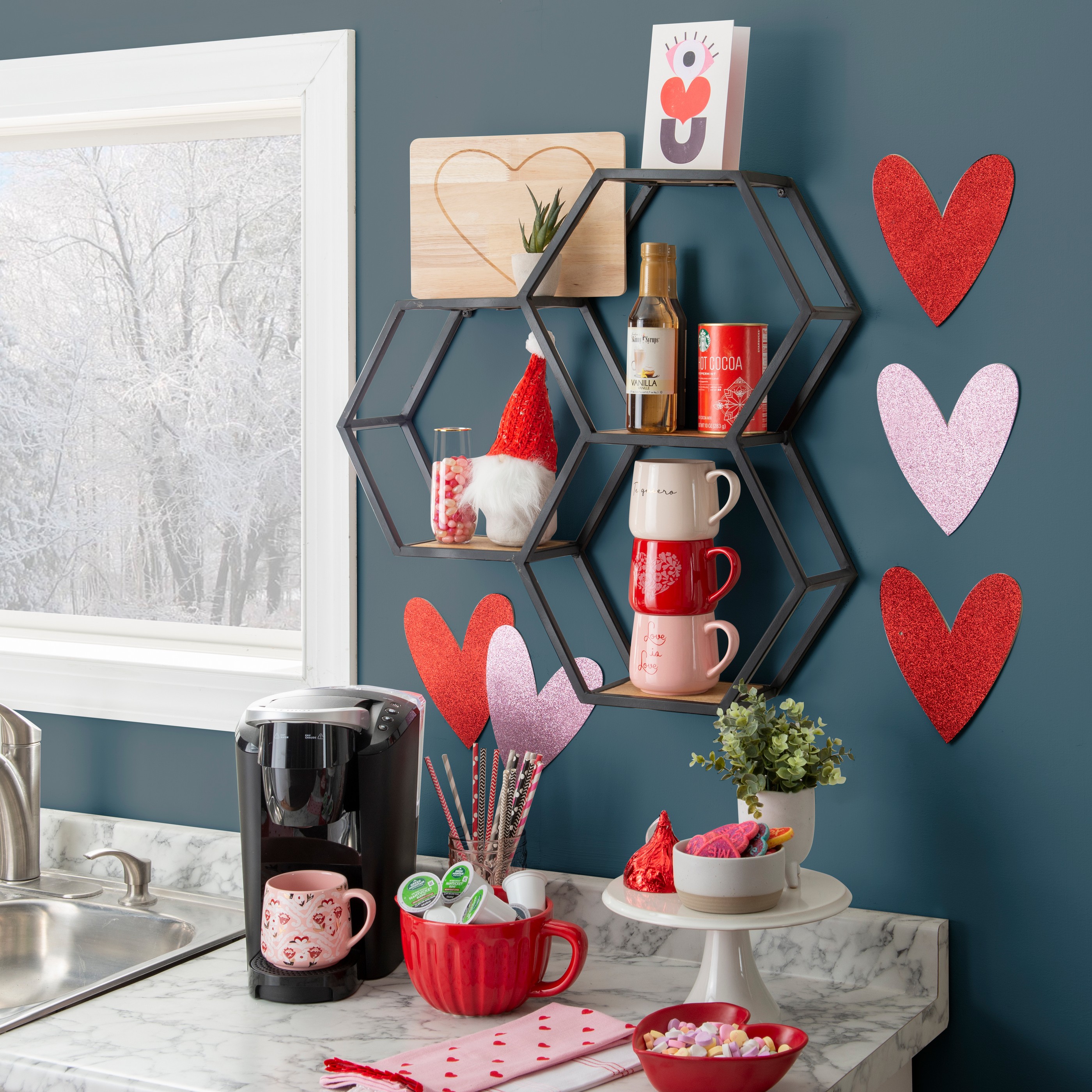 Powell Wilson 3-Compartment Honeycomb Wall Shelves, Black Metal with Natural Mango Wood