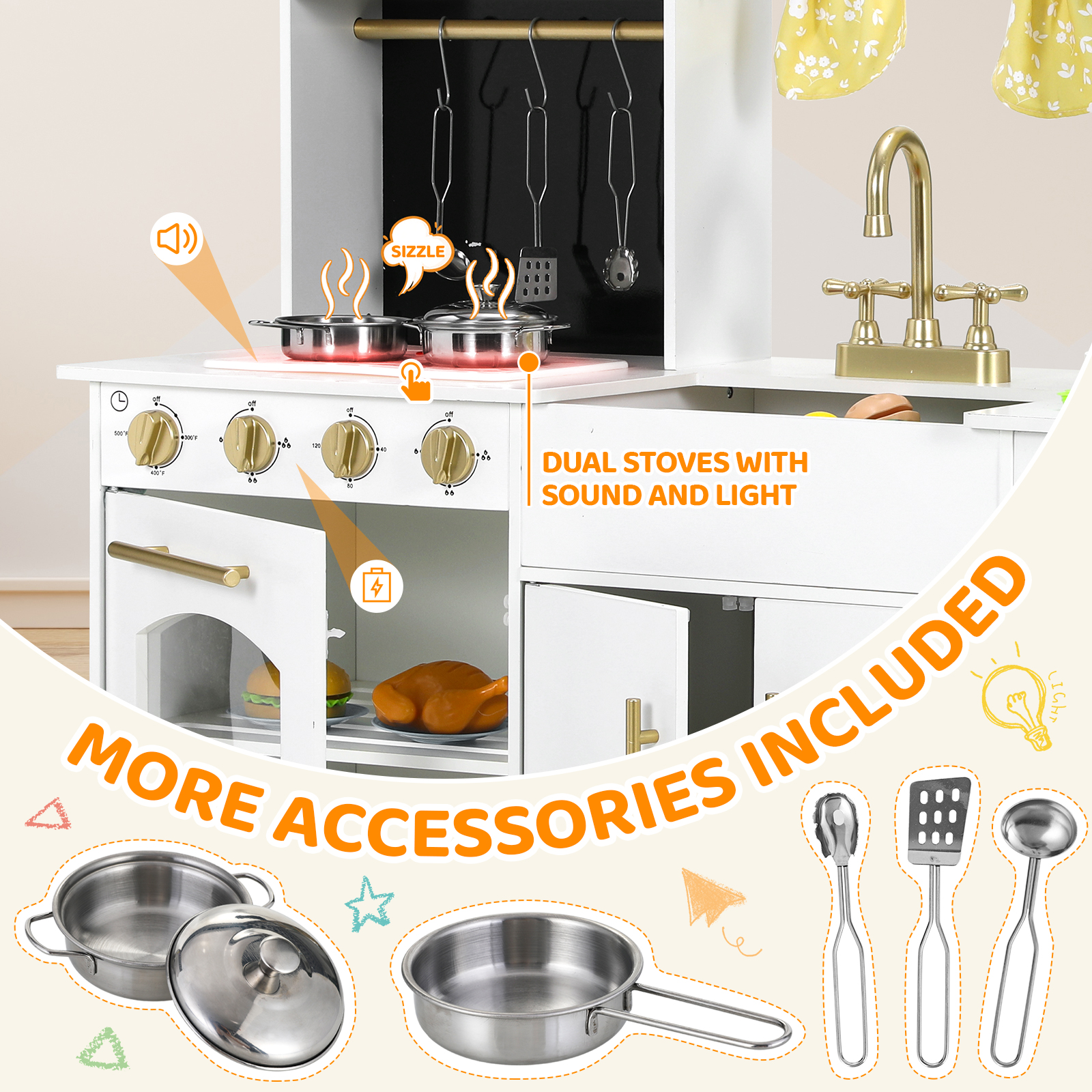Pirecart Play Kitchen, Wooden Kids Kitchen Playset with Sound & Light,  Sink, Microwave, Curtain and Utensils for Boys Girls Age 3-10, White