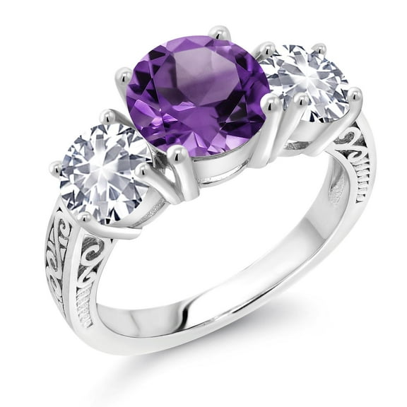 Gem Stone King 925 Sterling Silver Purple Amethyst and White Created Sapphire Engagement Ring for Women | 3.70 Cttw | Round 8MM | Gemstone February Birthstone | Size 6