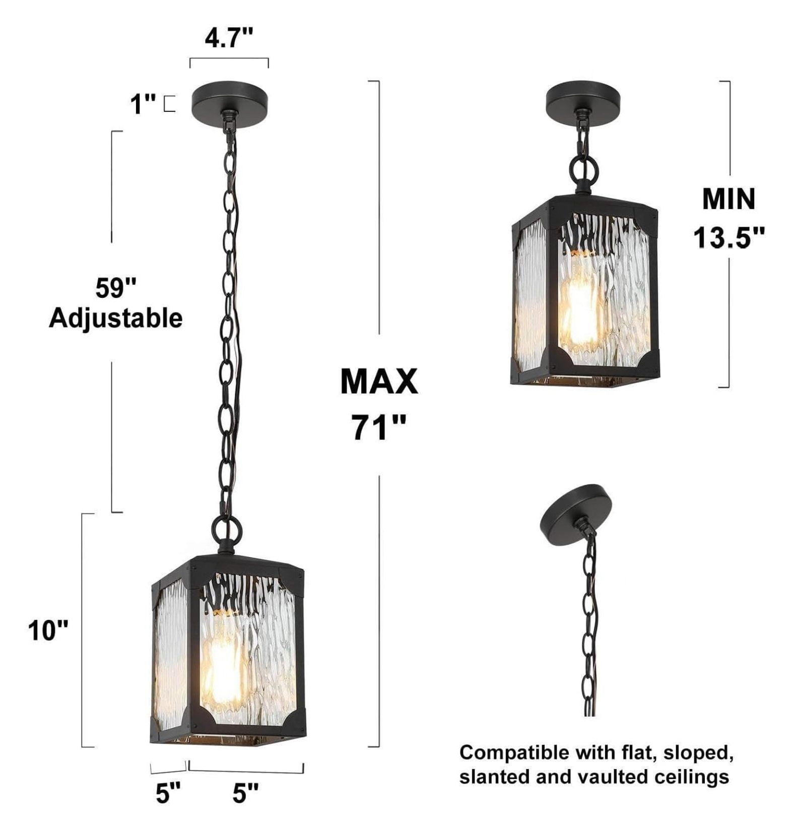 Outdoor Pendant Light Fixture, Farmhouse Exterior Lights, Anti-Rust Ceiling Outdoor Light with Water Ripple Glass, Square Hanging Lantern for Front Door, Entry, Porch, and Gazebo
