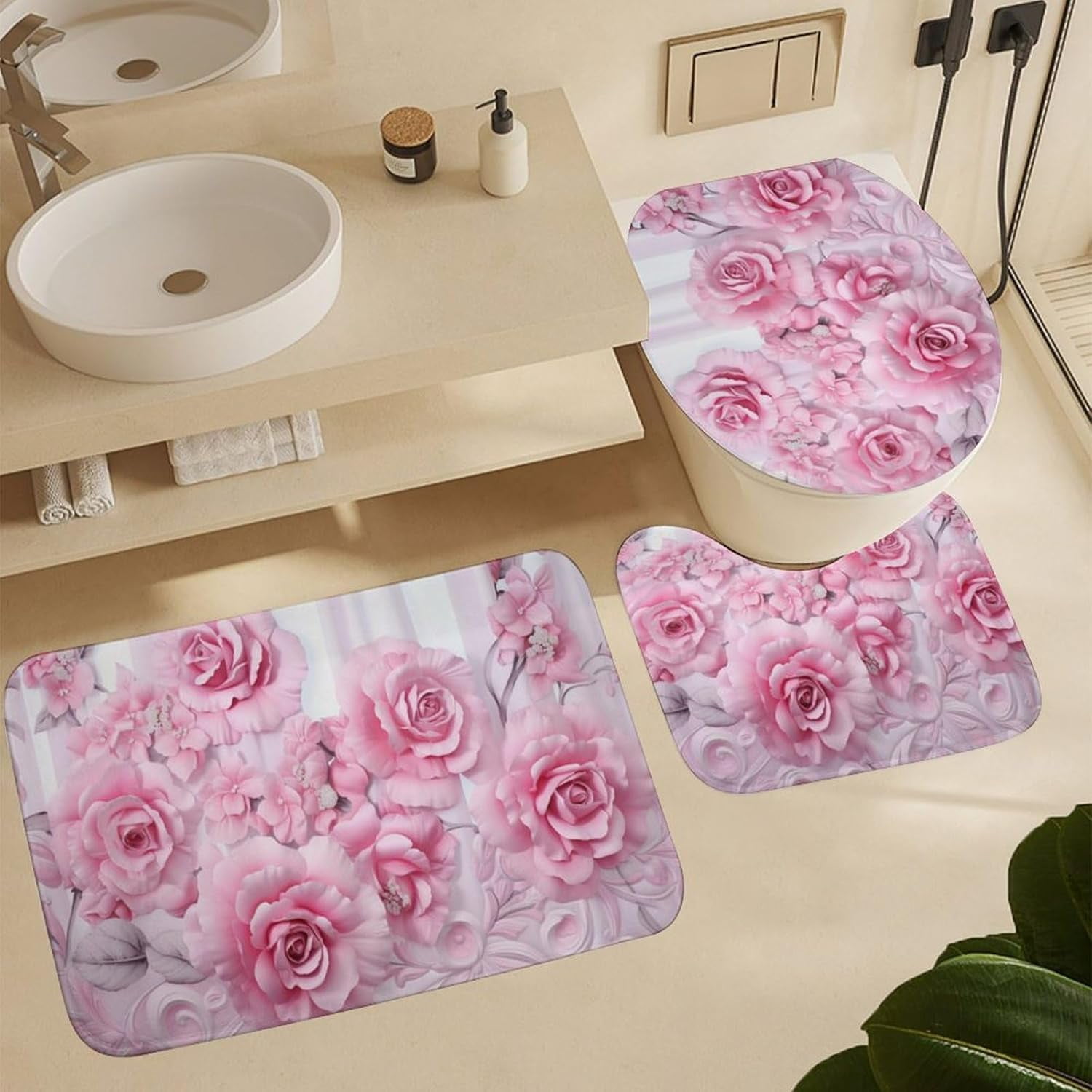 Beautiful Pink Roses Shower Curtain Sets with Rugs Toilet Lid Cover and Bath Mat Colorful Romantic Floral Shower Curtains with 12 Hooks Waterproof 4 Piece Bathroom Decor Set
