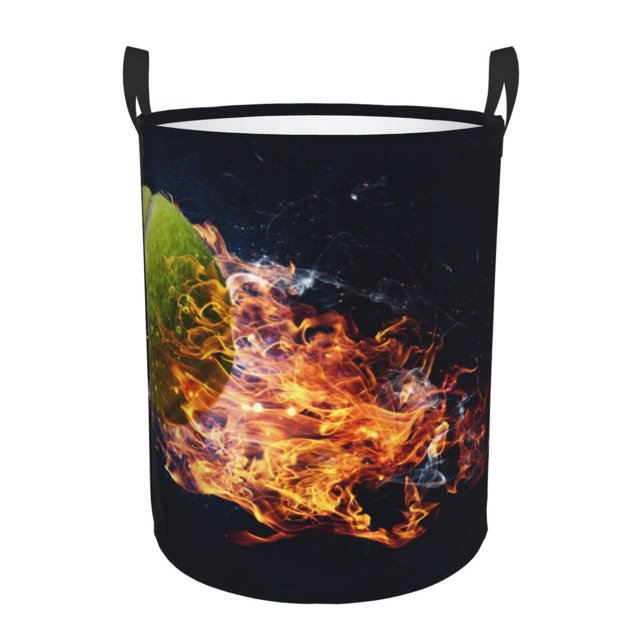 Balery Tennis Ball In Fire1 Cesta de ropa redonda con asas, impermeable, independiente, para ropa, juguetes, dormitorio y familia-Small