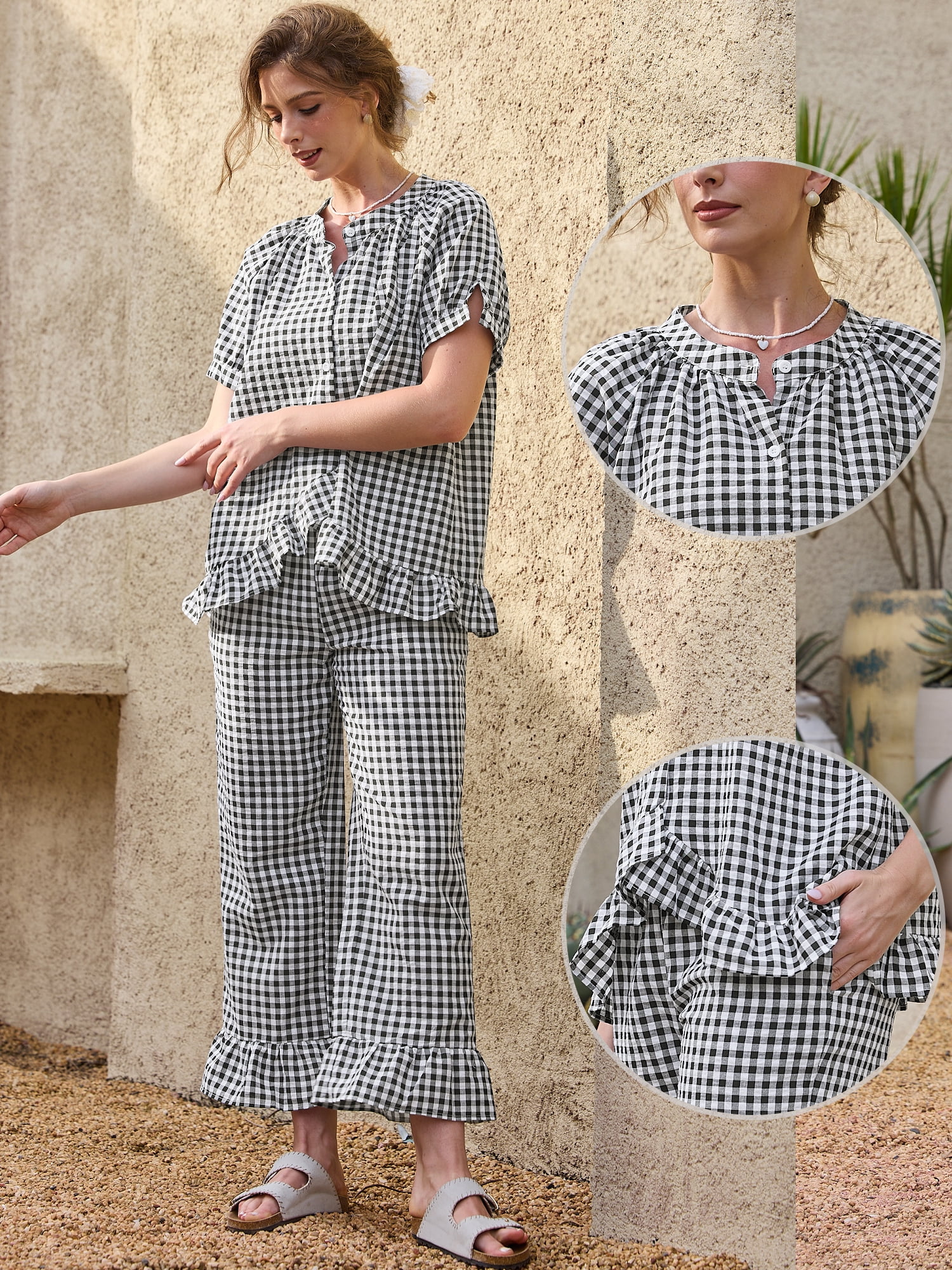 DARING DIVA Women's 2 Piece Pajamas Sets Gingham Short Sleeve Babydoll Shirt L Black