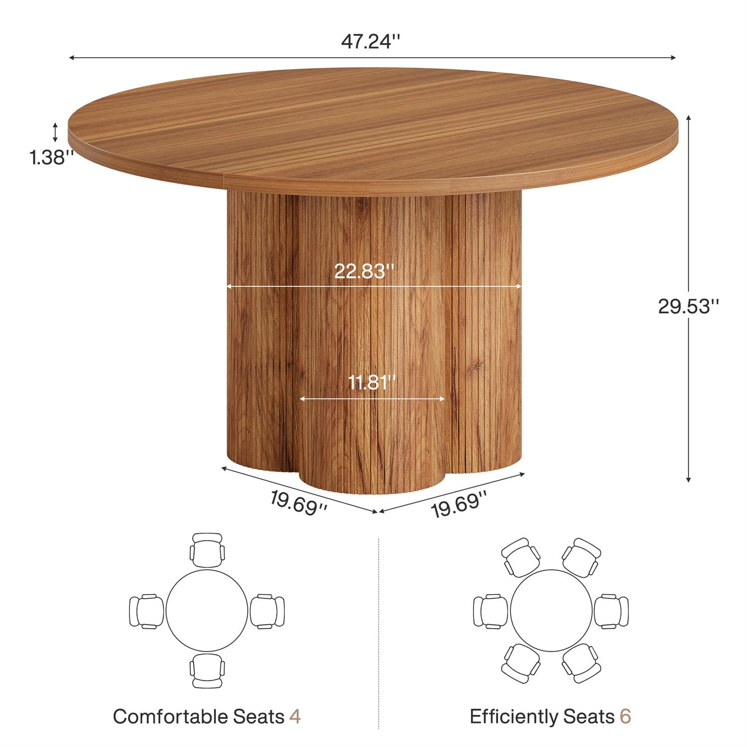 Demi Bonn 47" Round Wooden Dining Table with Textured Base for Living Room, Sturdy Construction, Durable Material, Brown