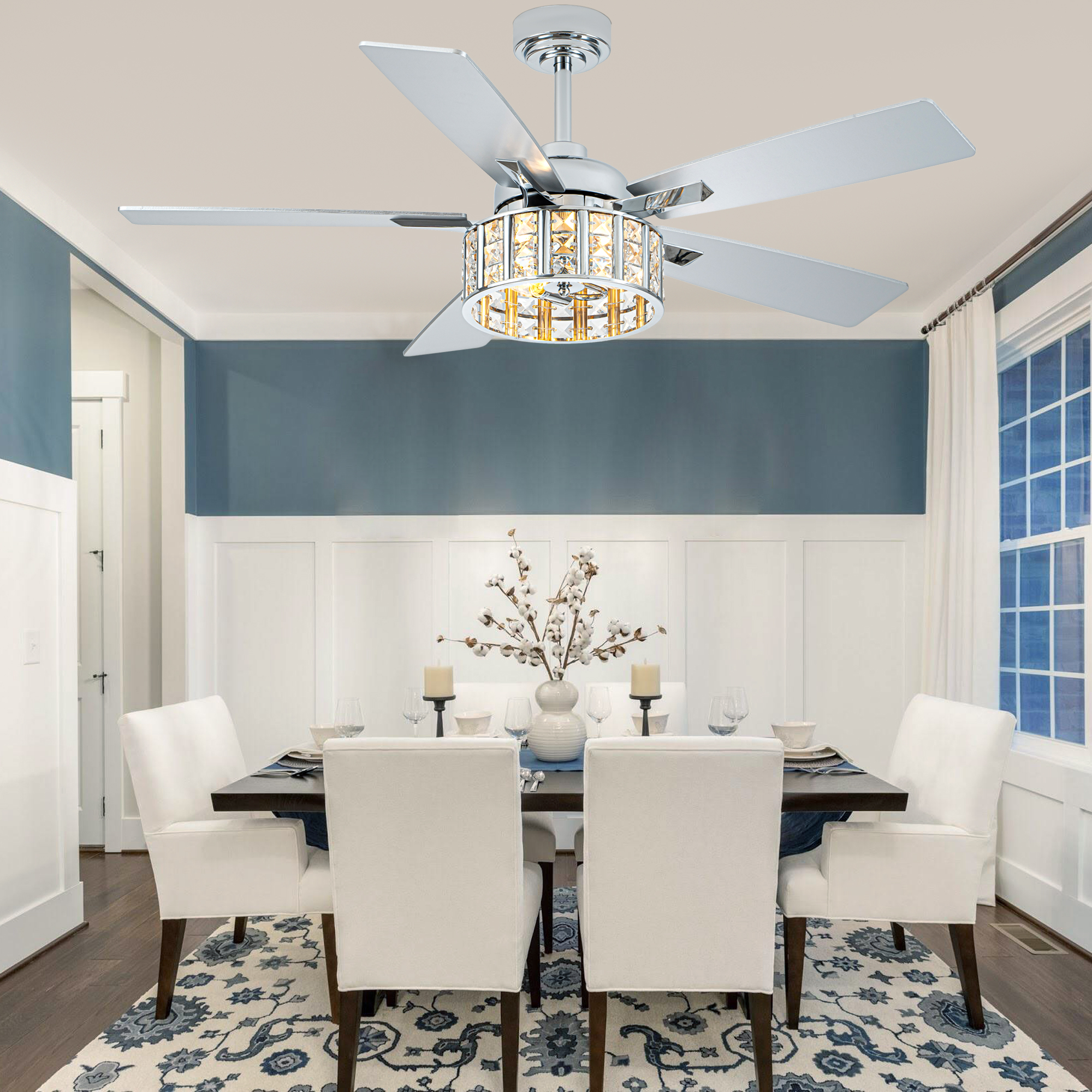 Bella Depot 52" Modern Silver Crystal Ceiling Fan 6-Speed Reversible with Light and Remote Control