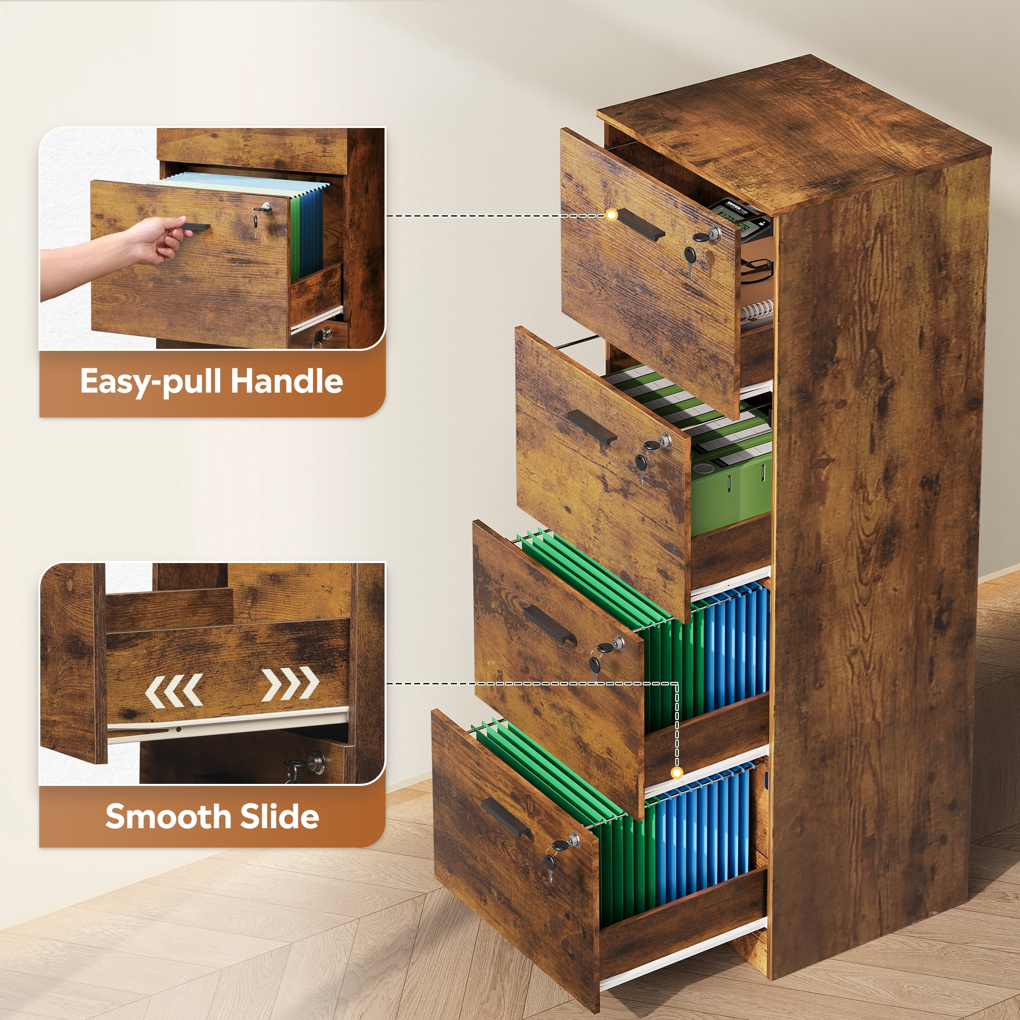 GALAXHERO 4 Drawer File Cabinet, Vertical Filing Cabinet with Lock and Key, Wood Storage Organizer for Home Office, Fit Letter/A4, Rustic Brown