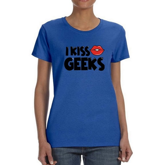 Kiss a Geek Lips Graphic Quote Women Royal Blue T-Shirt, Female x-Large