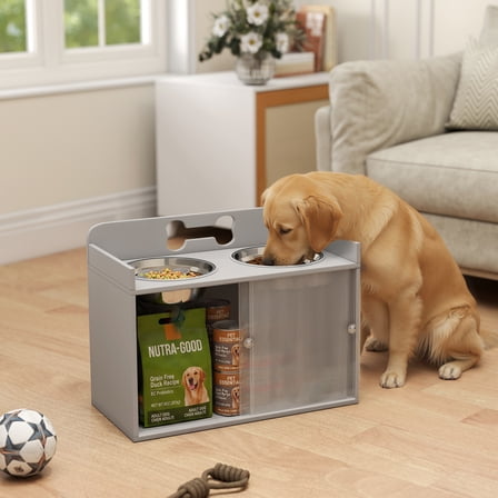 PawHut Elevated Dog Bowls with Storage, Raised Bowl Stand with 2 Stainless Steel Food Dishes and Slow Feeder, Pet Feeding Station for Large Dogs, Gray