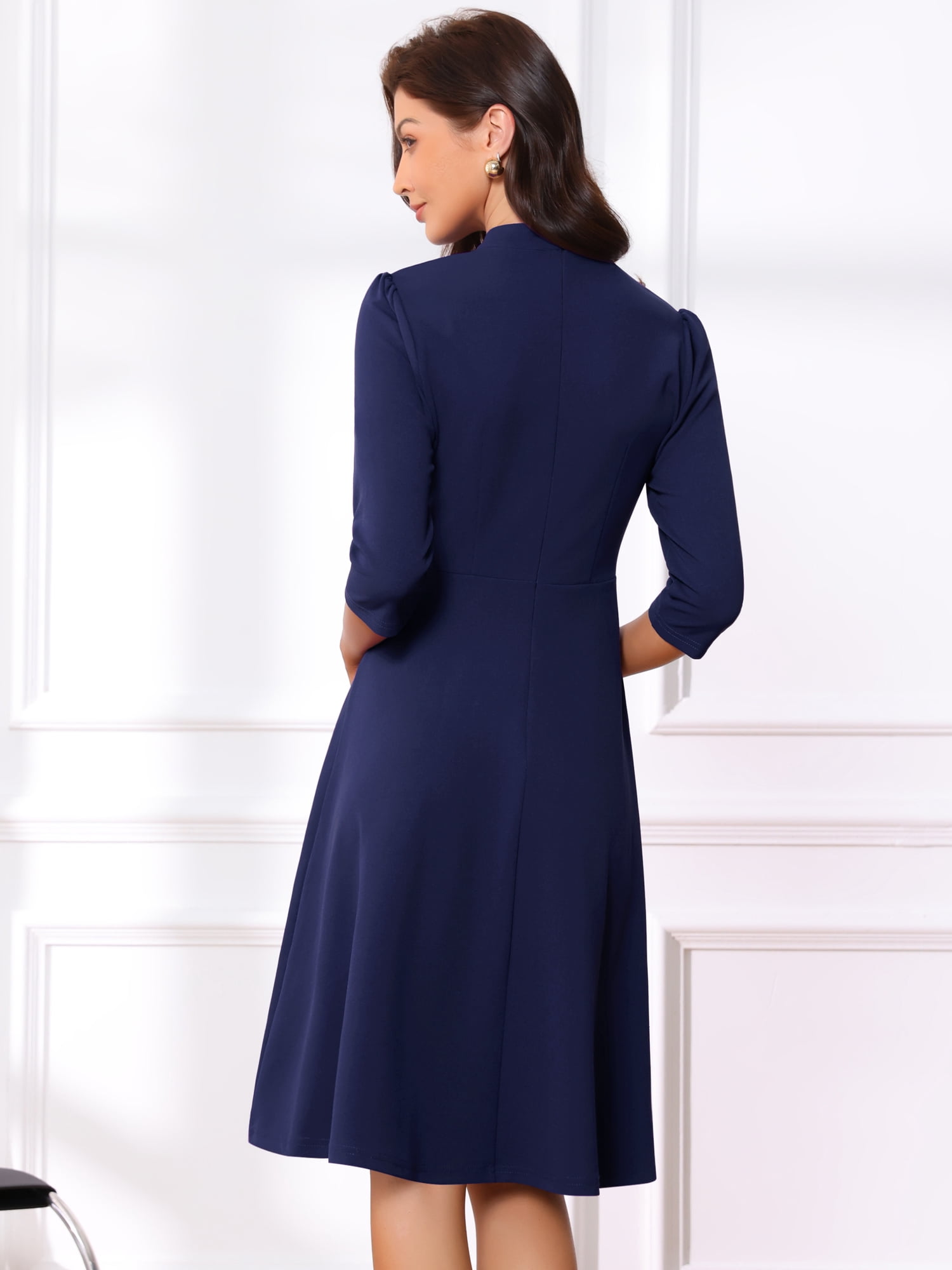 DARING DIVA Women's Vintage 3/4 Sleeve Church Semi Fit and Flare Dress S Deep Blue