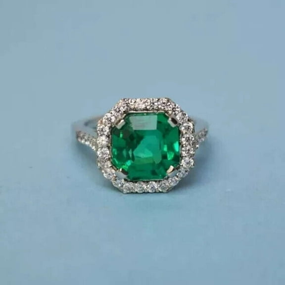 2CT Asscher Cut Green Emerald 925 Silver Engagement Ring 14k White Gold Plated